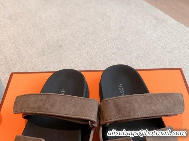 Best Price Hermes Chypre Flat Sandals in Suede Grey 425148