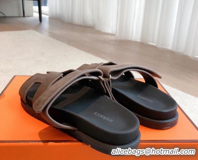 Best Price Hermes Chypre Flat Sandals in Suede Grey 425148