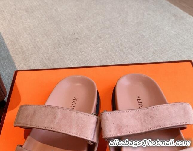 Sophisticated Hermes Chypre Flat Sandals in Suede Pink 425149