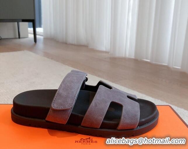 Purchase Hermes Chypre Flat Sandals in Suede Grey 425150