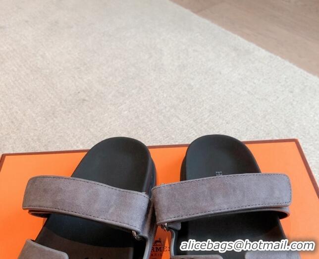 Purchase Hermes Chypre Flat Sandals in Suede Grey 425150