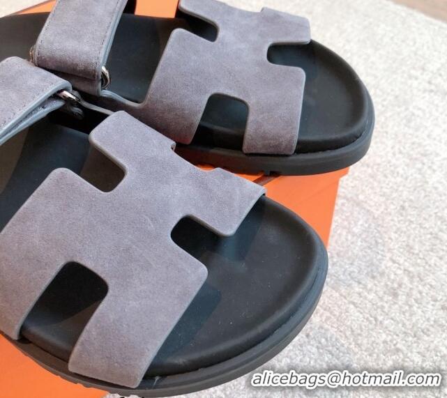 Purchase Hermes Chypre Flat Sandals in Suede Grey 425150