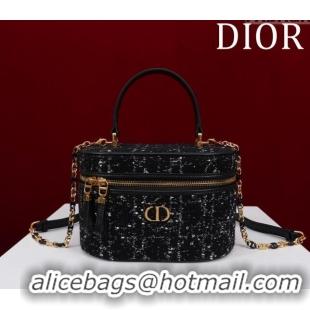 Good Quality Dior Caro Small Vanity Case in Cannage Tweed CD3002 Black 2024