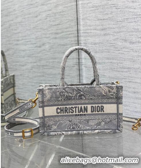 Super Quality Dior Mini Book Tote Bag with Strap in Grey Toile de Jouy Reverse Embroidery CD3018 Grey 2024