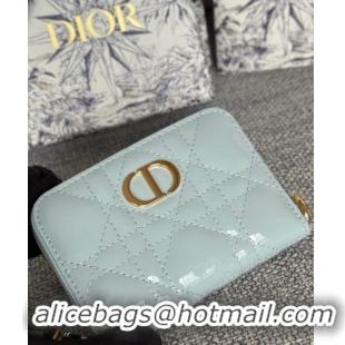 Super Quality Dior Caro Zipped Wallet in Patent Cannage Calfskin 0523 Pale Blue 2024