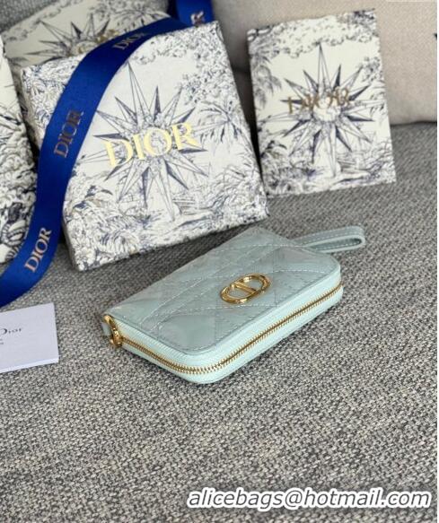 Super Quality Dior Caro Zipped Wallet in Patent Cannage Calfskin 0523 Pale Blue 2024