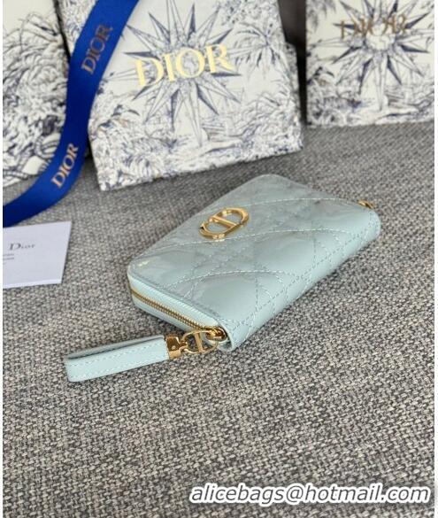 Super Quality Dior Caro Zipped Wallet in Patent Cannage Calfskin 0523 Pale Blue 2024