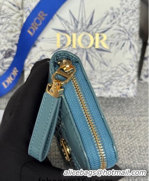 Buy Discount Dior Caro Zipped Wallet in Patent Cannage Calfskin 0523 Denim Blue 2024