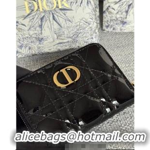 Top Grade Dior Caro Zipped Wallet in Patent Cannage Calfskin 0523 Black 2024