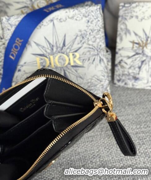 Top Grade Dior Caro Zipped Wallet in Patent Cannage Calfskin 0523 Black 2024