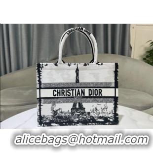 Famous Brand Dior Medium Book Tote Bag in Paris Embroidery CD2303 White and Black 2024