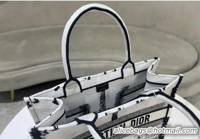 Famous Brand Dior Medium Book Tote Bag in Paris Embroidery CD2303 White and Black 2024