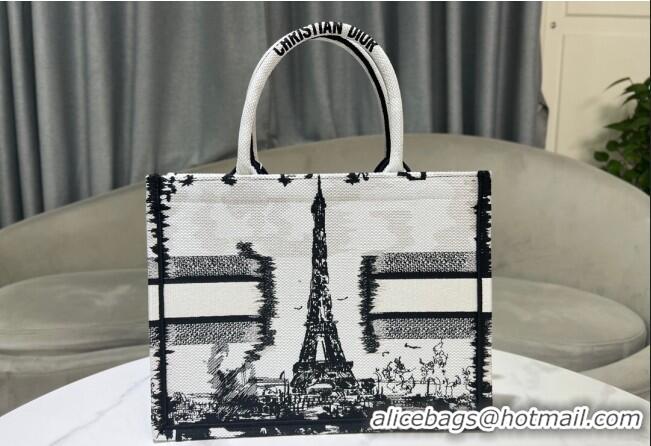 Famous Brand Dior Medium Book Tote Bag in Paris Embroidery CD2303 White and Black 2024