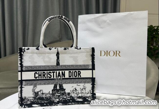 Famous Brand Dior Medium Book Tote Bag in Paris Embroidery CD2303 White and Black 2024