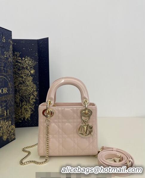 Top Quality Dior Mini Lady Dior Bag in Cannage Patent Calfskin 0523 Powder Pink 2024