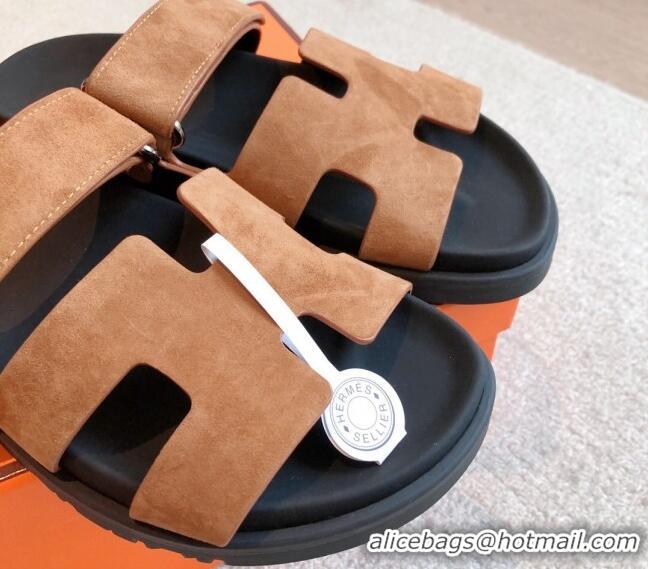 Best Grade Hermes Chypre Flat Sandals in Suede Brown 425151