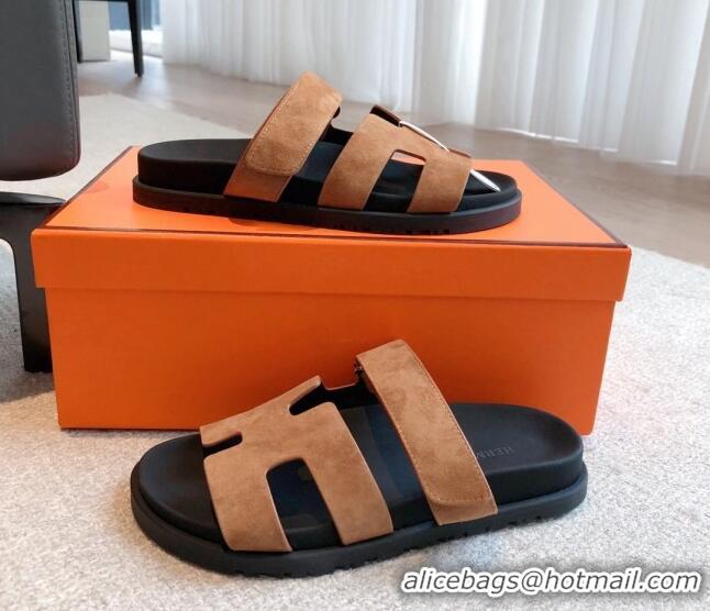 Best Grade Hermes Chypre Flat Sandals in Suede Brown 425151