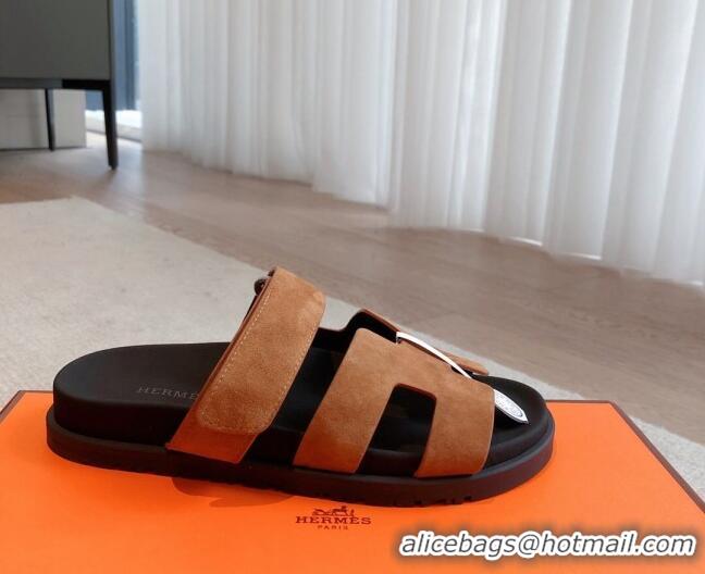 Best Grade Hermes Chypre Flat Sandals in Suede Brown 425151