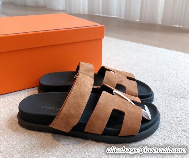 Best Grade Hermes Chypre Flat Sandals in Suede Brown 425151