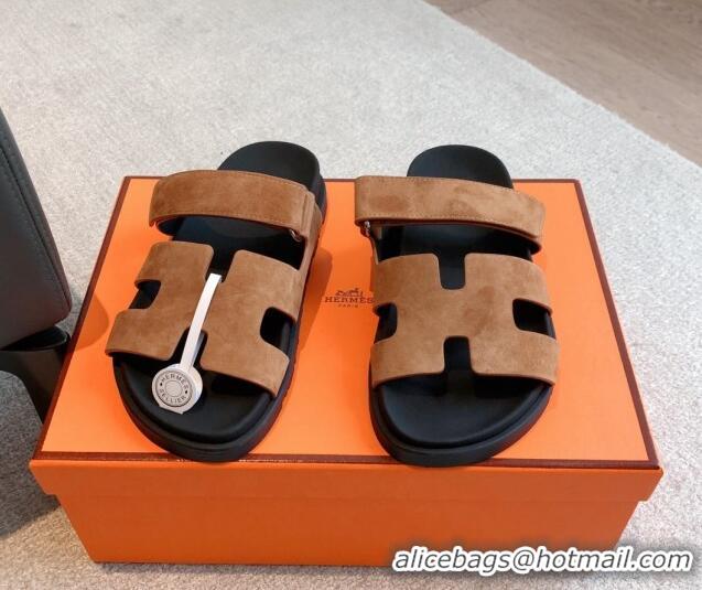 Best Grade Hermes Chypre Flat Sandals in Suede Brown 425151