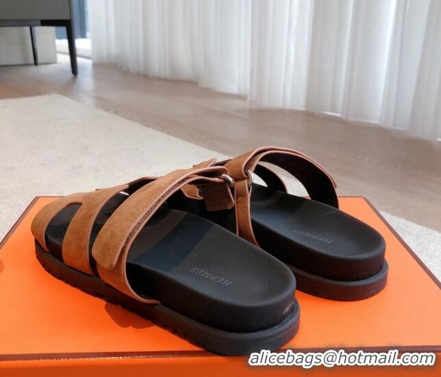 Best Grade Hermes Chypre Flat Sandals in Suede Brown 425151