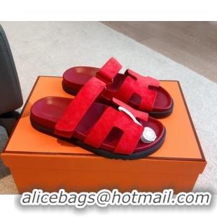 Charming Hermes Chypre Flat Sandals in Suede Red 425152