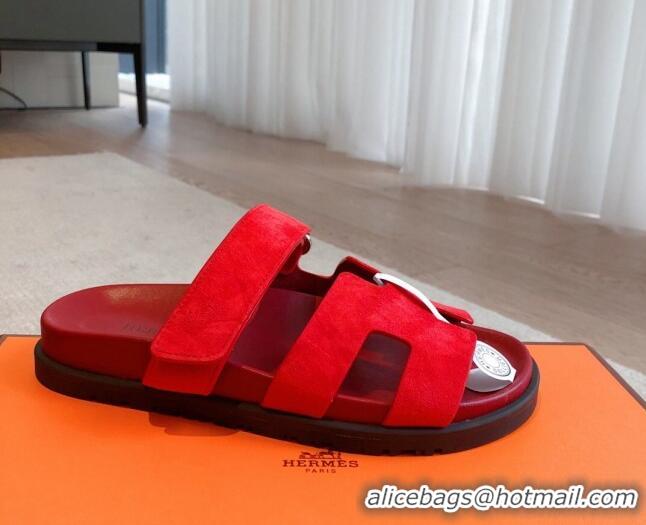 Charming Hermes Chypre Flat Sandals in Suede Red 425152