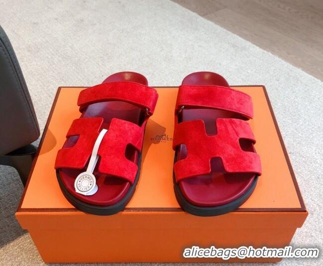 Charming Hermes Chypre Flat Sandals in Suede Red 425152