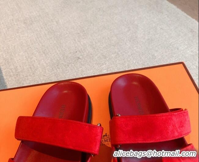 Charming Hermes Chypre Flat Sandals in Suede Red 425152