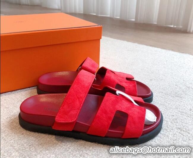 Charming Hermes Chypre Flat Sandals in Suede Red 425152