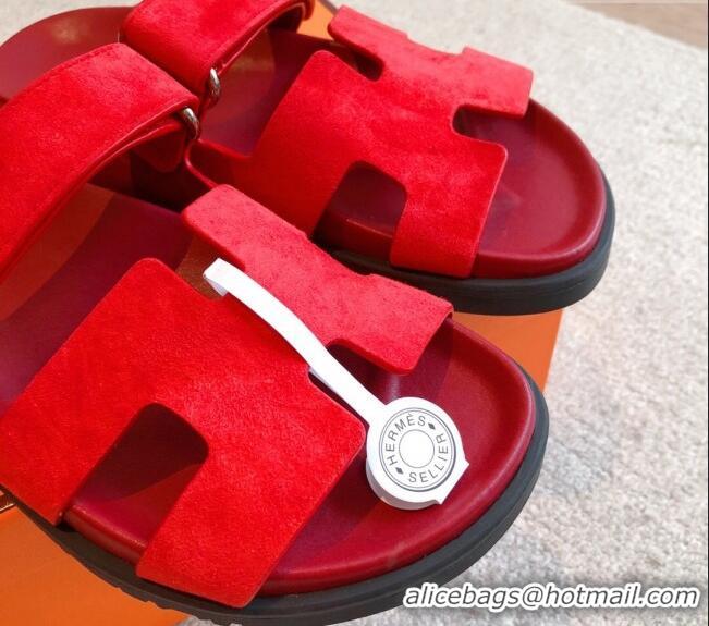 Charming Hermes Chypre Flat Sandals in Suede Red 425152