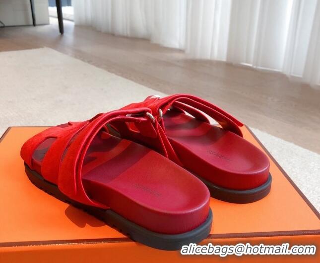 Charming Hermes Chypre Flat Sandals in Suede Red 425152