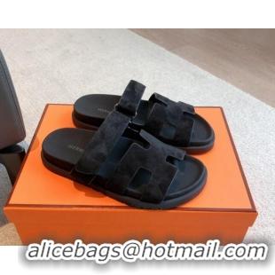 Buy Luxury Hermes Chypre Flat Sandals in Suede Black 425154