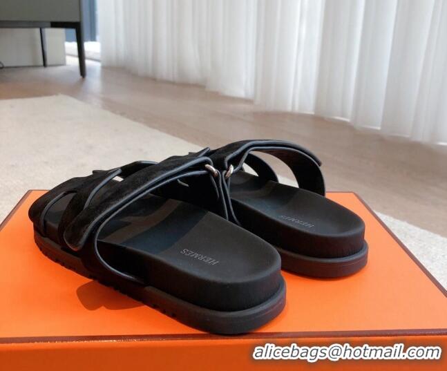 Buy Luxury Hermes Chypre Flat Sandals in Suede Black 425154