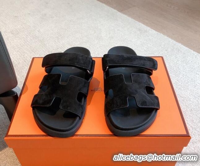 Buy Luxury Hermes Chypre Flat Sandals in Suede Black 425154