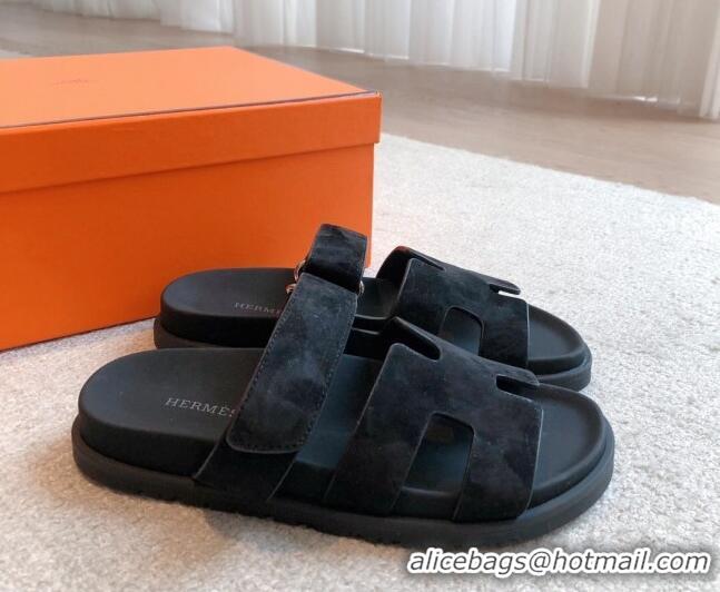 Buy Luxury Hermes Chypre Flat Sandals in Suede Black 425154