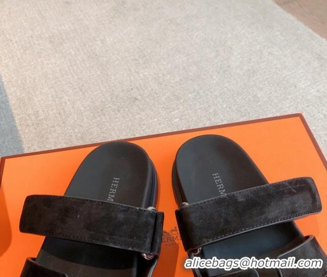 Buy Luxury Hermes Chypre Flat Sandals in Suede Black 425154