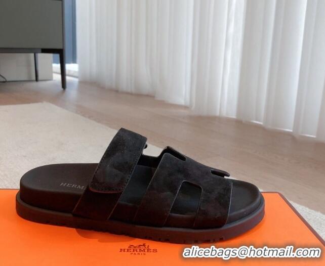 Buy Luxury Hermes Chypre Flat Sandals in Suede Black 425154