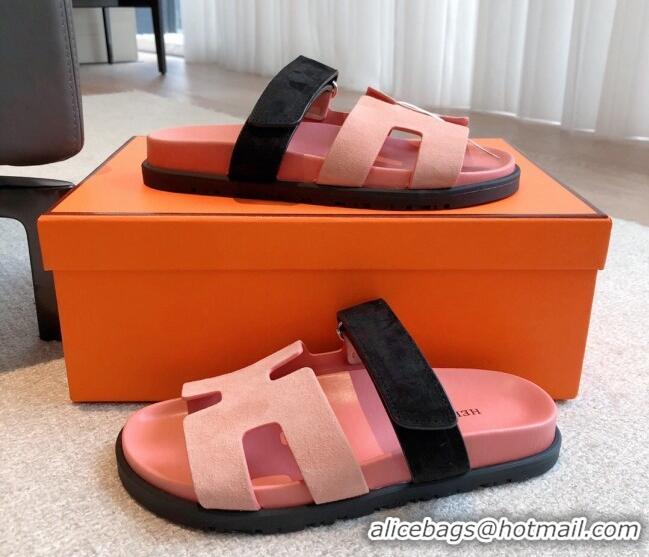 Good Quality Hermes Chypre Flat Sandals in Suede Pink 425155