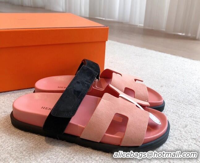 Good Quality Hermes Chypre Flat Sandals in Suede Pink 425155