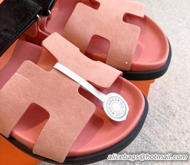 Good Quality Hermes Chypre Flat Sandals in Suede Pink 425155