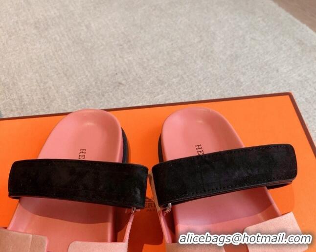 Good Quality Hermes Chypre Flat Sandals in Suede Pink 425155