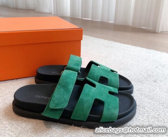 Perfect Hermes Chypre Flat Sandals in Suede Green 425156