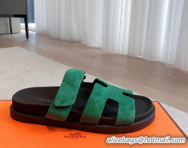 Perfect Hermes Chypre Flat Sandals in Suede Green 425156