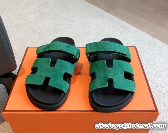 Perfect Hermes Chypre Flat Sandals in Suede Green 425156