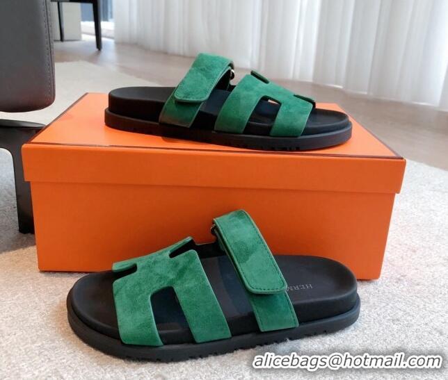 Perfect Hermes Chypre Flat Sandals in Suede Green 425156