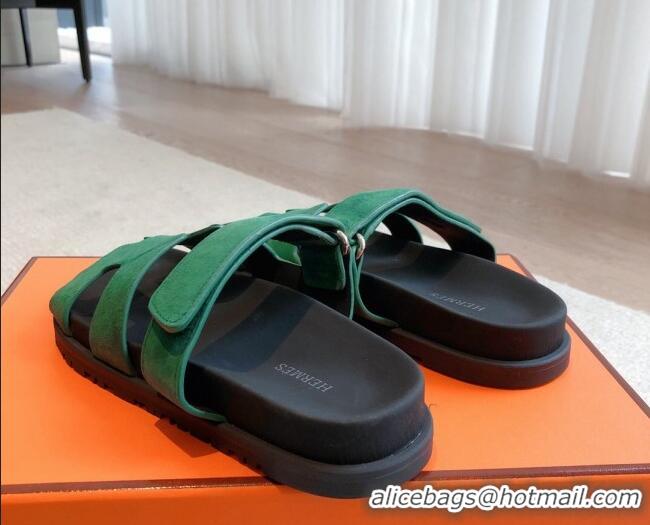 Perfect Hermes Chypre Flat Sandals in Suede Green 425156