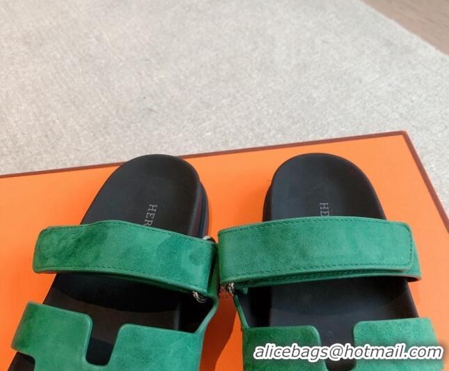 Perfect Hermes Chypre Flat Sandals in Suede Green 425156