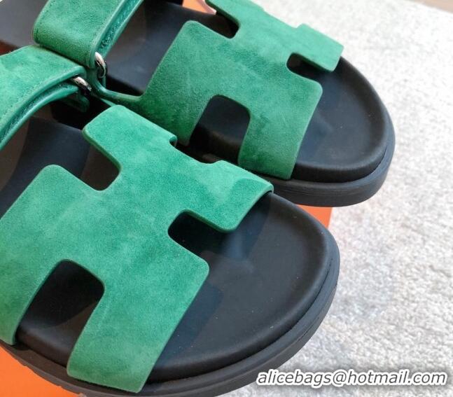 Perfect Hermes Chypre Flat Sandals in Suede Green 425156