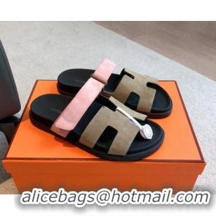 Hot Style Hermes Chypre Flat Sandals in Suede Khaki Grey 425157